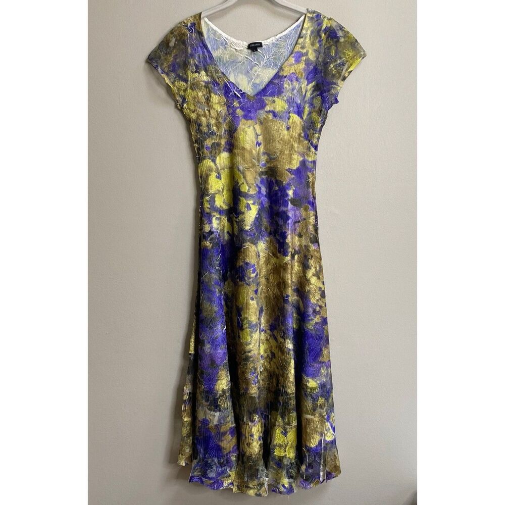Komarov Purple & Green Lace Inset Cap Sleeve Crinkle Charmeuse Midi Dress Large
